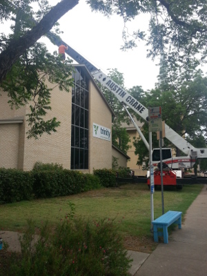 Image of crane in front of Trinity